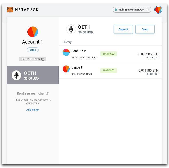 Account history shown in table view with basic transaction details